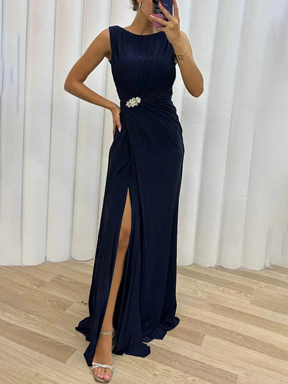 Henrietta | Wedding Guest Pleated Cocktail Maxi Dress with Side Slit