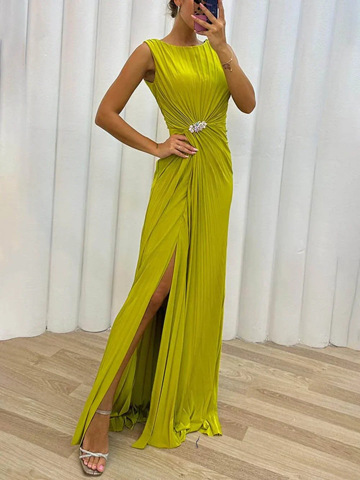 Henrietta | Wedding Guest Pleated Cocktail Maxi Dress with Side Slit