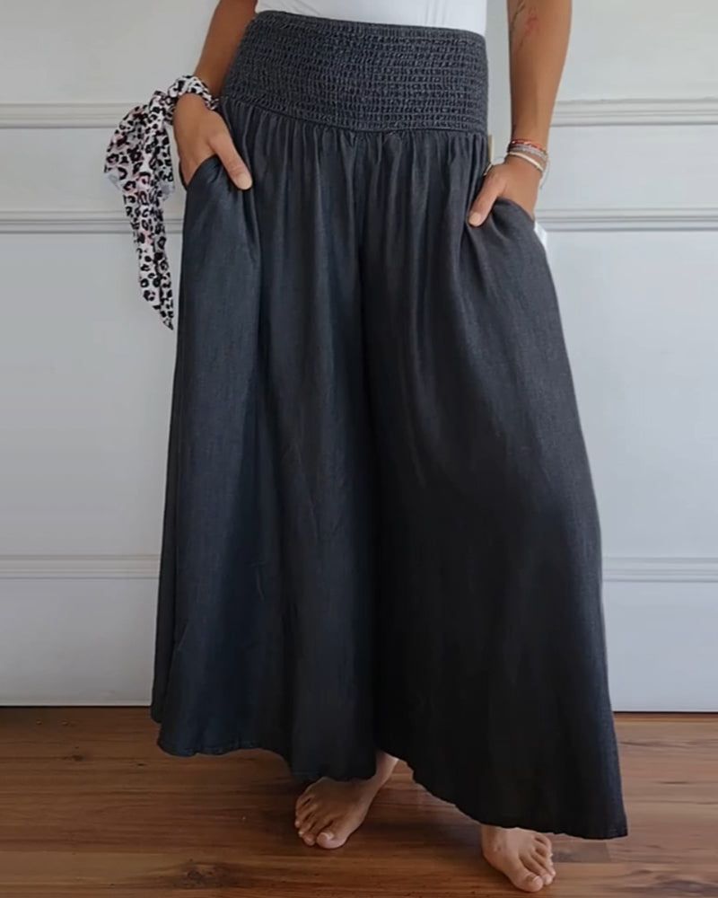 Carine | Shirred High-Waist Chambray Wide-Leg Palazzo Pants