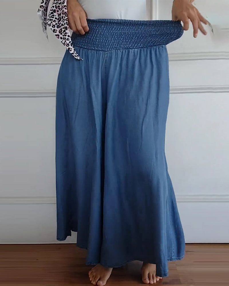 Carine | Shirred High-Waist Chambray Wide-Leg Palazzo Pants