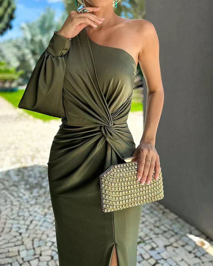 Celestine | Wedding Guest Satin One-Shoulder Draped Maxi Dress