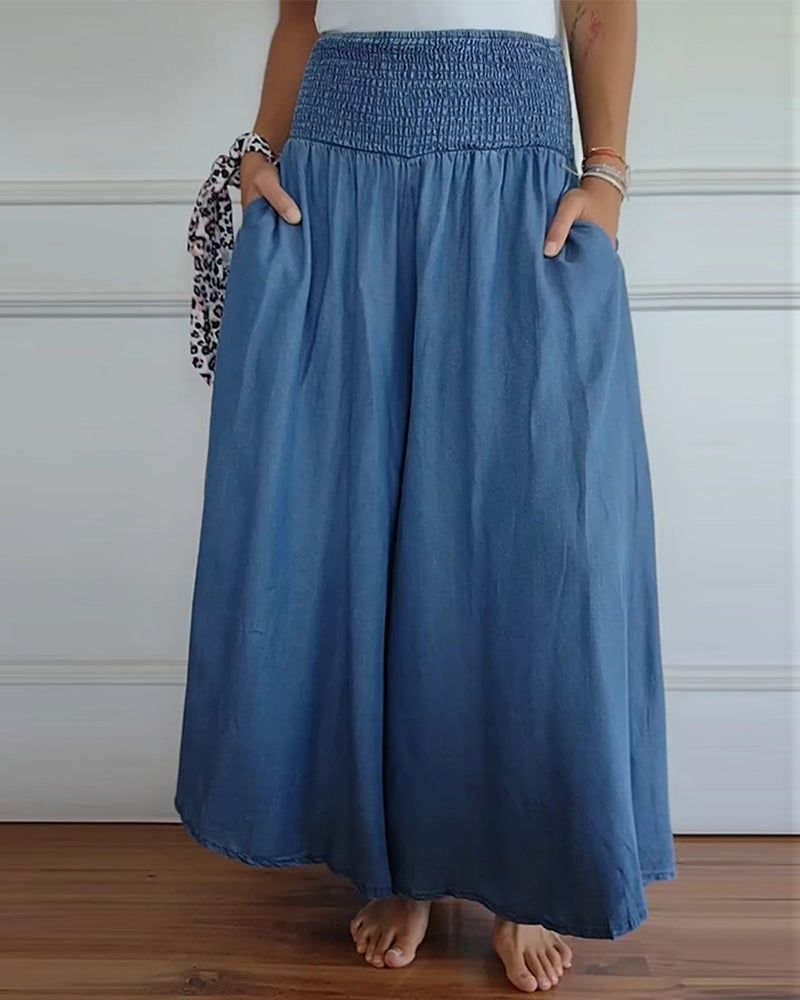 Carine | Shirred High-Waist Chambray Wide-Leg Palazzo Pants