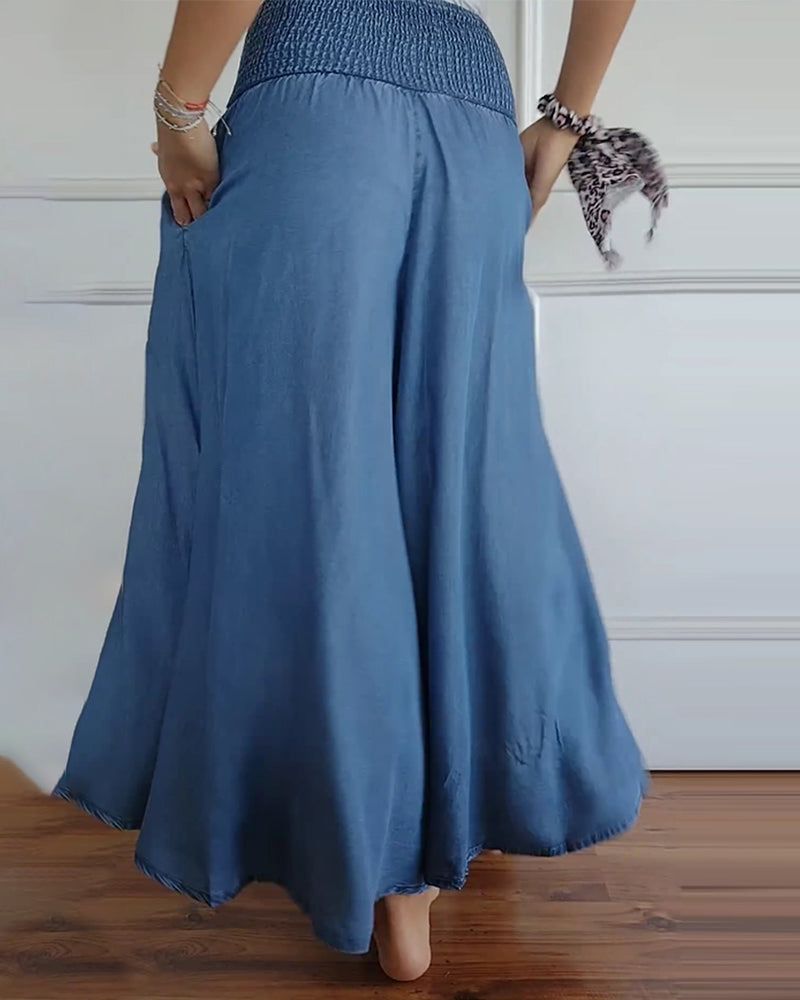 Carine | Shirred High-Waist Chambray Wide-Leg Palazzo Pants