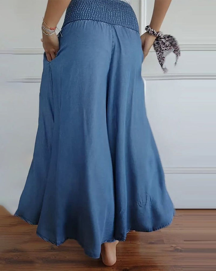 Carine | Shirred High-Waist Chambray Wide-Leg Palazzo Pants