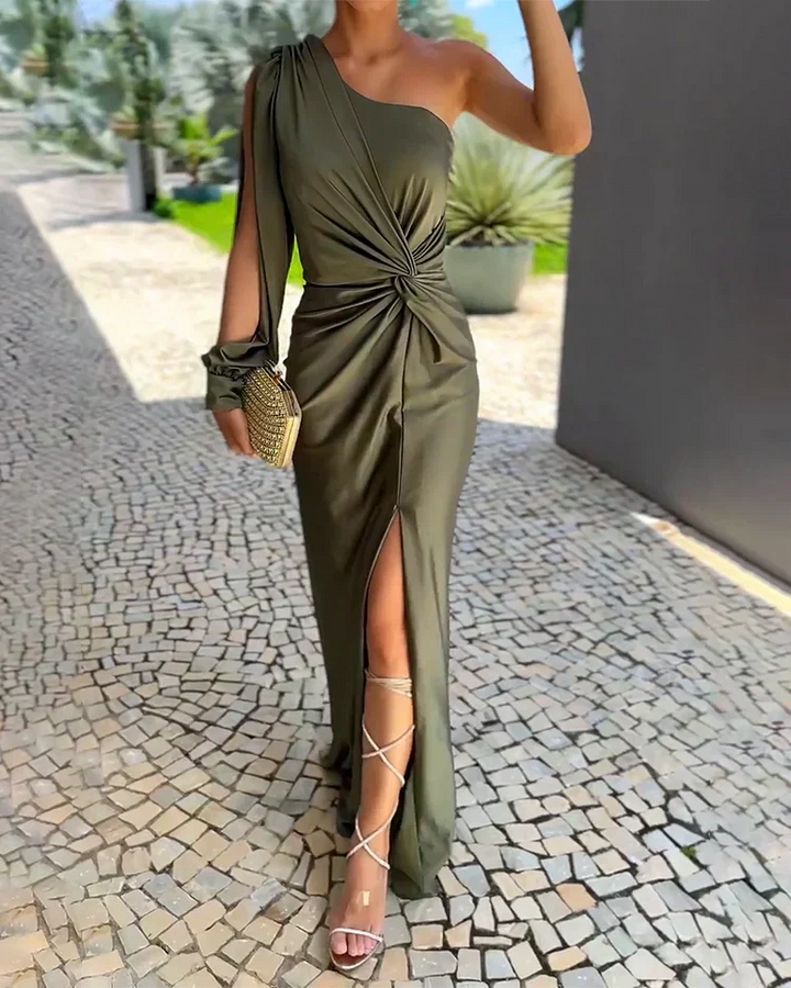 Celestine | Wedding Guest Satin One-Shoulder Draped Maxi Dress