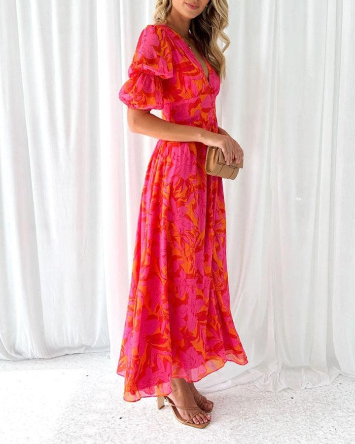 Josephine | Wedding Guest V-Neck Floral Puff Sleeve Maxi Dress