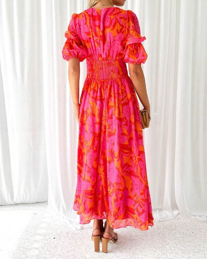 Josephine | Wedding Guest V-Neck Floral Puff Sleeve Maxi Dress