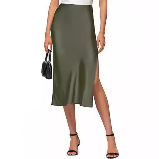 Sylvia | High-Waist Satin Slip Midi Skirt with High Slit
