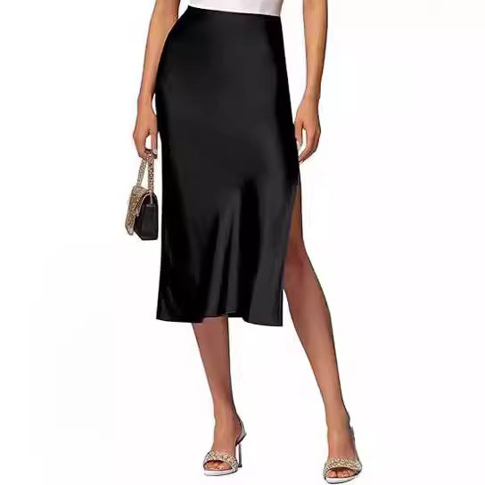 Sylvia | High-Waist Satin Slip Midi Skirt with High Slit