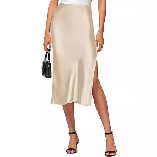 Sylvia | High-Waist Satin Slip Midi Skirt with High Slit