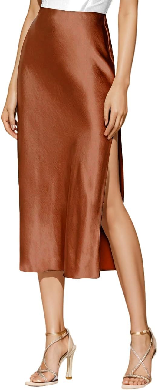 Sylvia | High-Waist Satin Slip Midi Skirt with High Slit