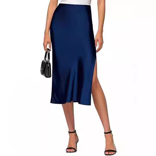 Sylvia | High-Waist Satin Slip Midi Skirt with High Slit