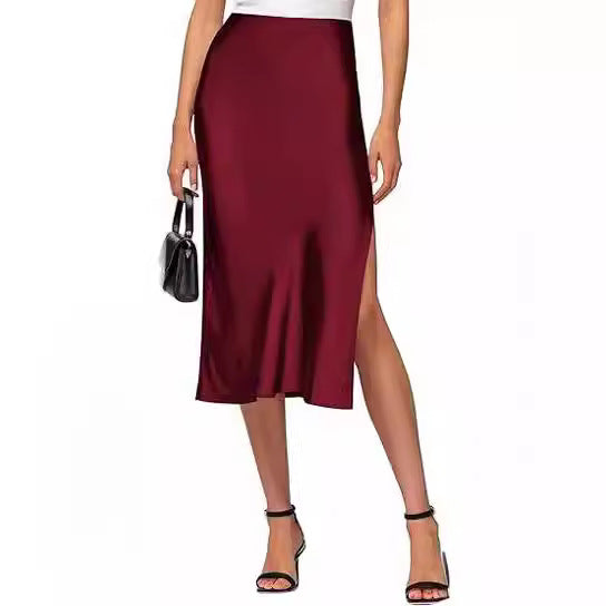 Sylvia | High-Waist Satin Slip Midi Skirt with High Slit