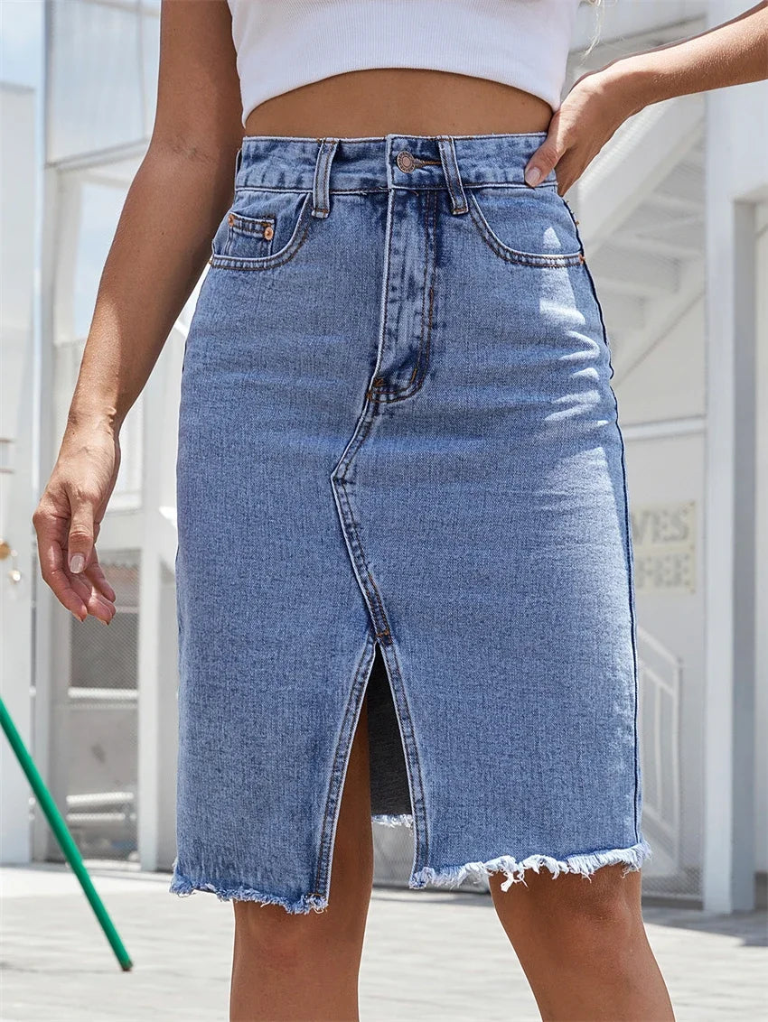 Honorine | Front-Slit Denim Midi Skirt