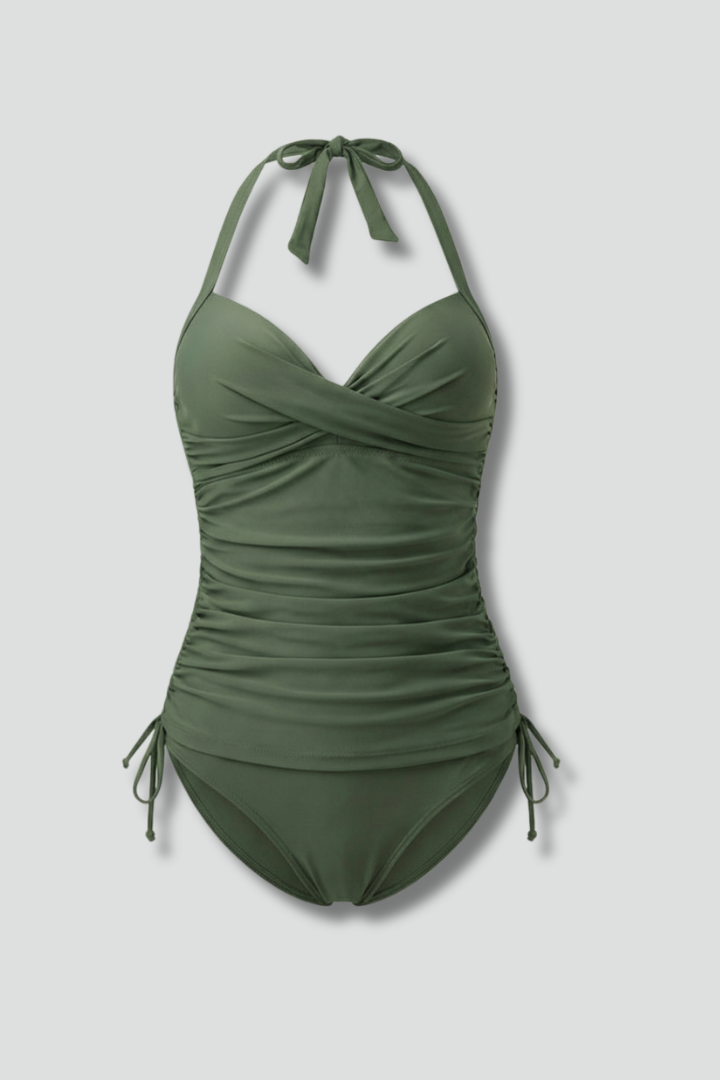 Mirelle | Tummy-Control V-Neck Ruched Halter Tankini Swimsuit