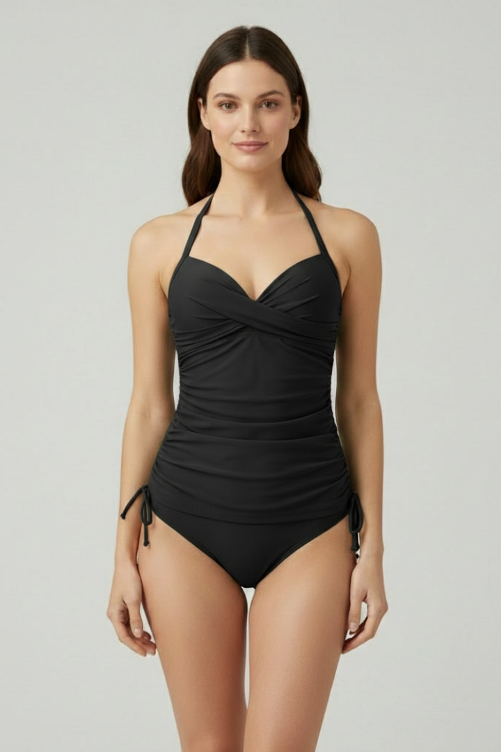 Mirelle | Tummy-Control V-Neck Ruched Halter Tankini Swimsuit