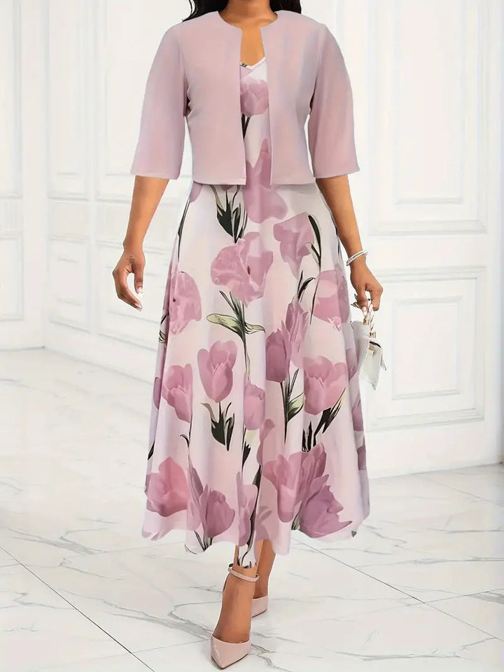 Marianne | Wedding Guest Blush Floral Maxi Dress with Cardigan