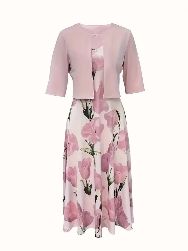 Marianne | Wedding Guest Blush Floral Maxi Dress with Cardigan