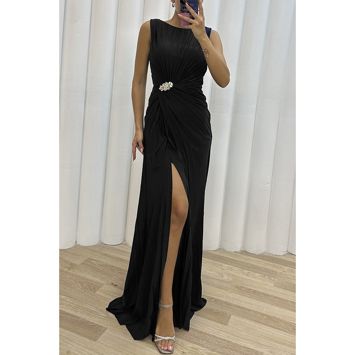 Henrietta | Wedding Guest Pleated Cocktail Maxi Dress with Side Slit