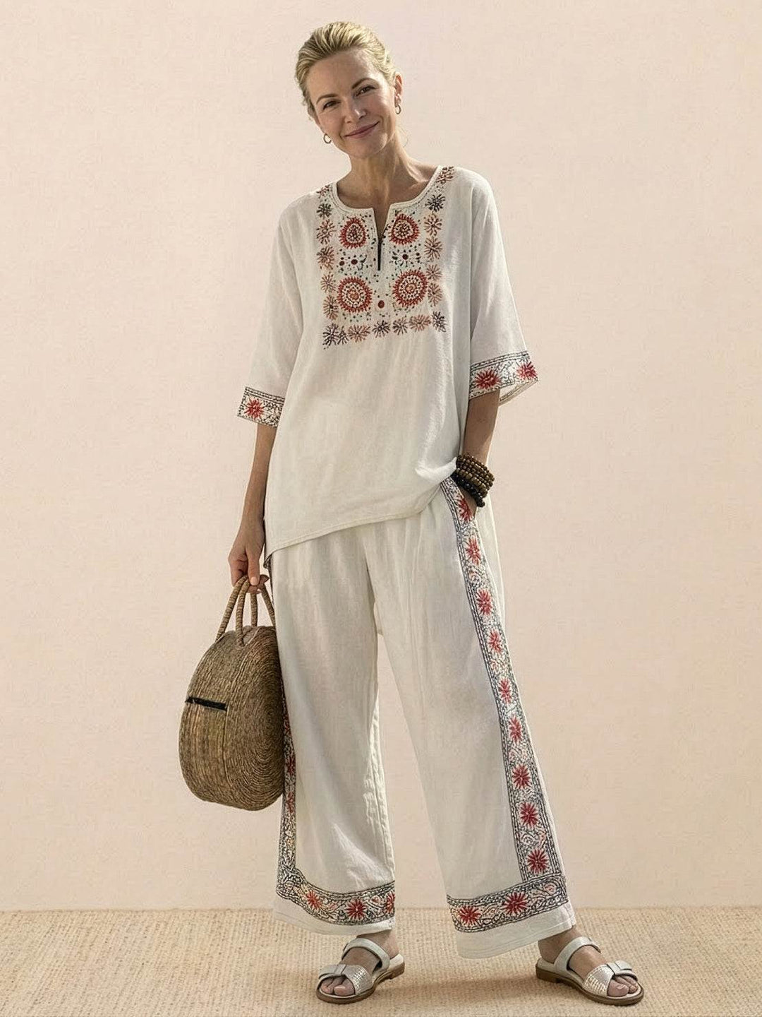 Genevieve | Linen Embroidered Wide-Leg Co-ord Set