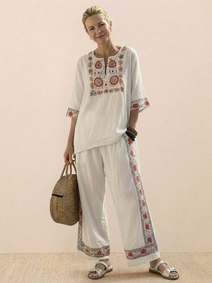 Genevieve | Linen Embroidered Wide-Leg Co-ord Set