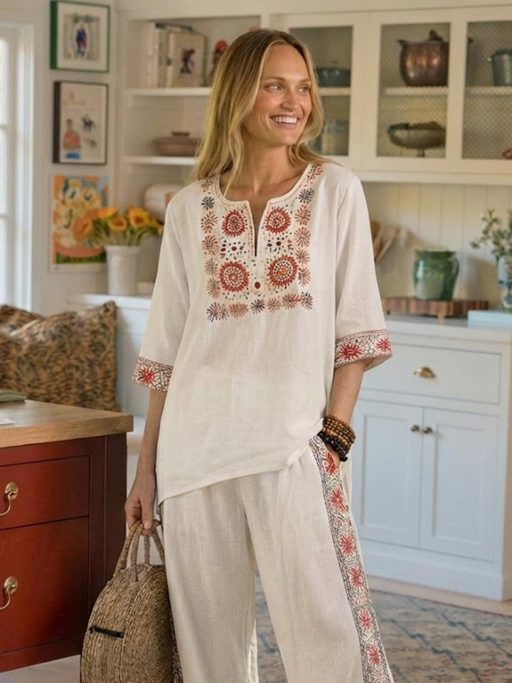 Genevieve | Linen Embroidered Wide-Leg Co-ord Set