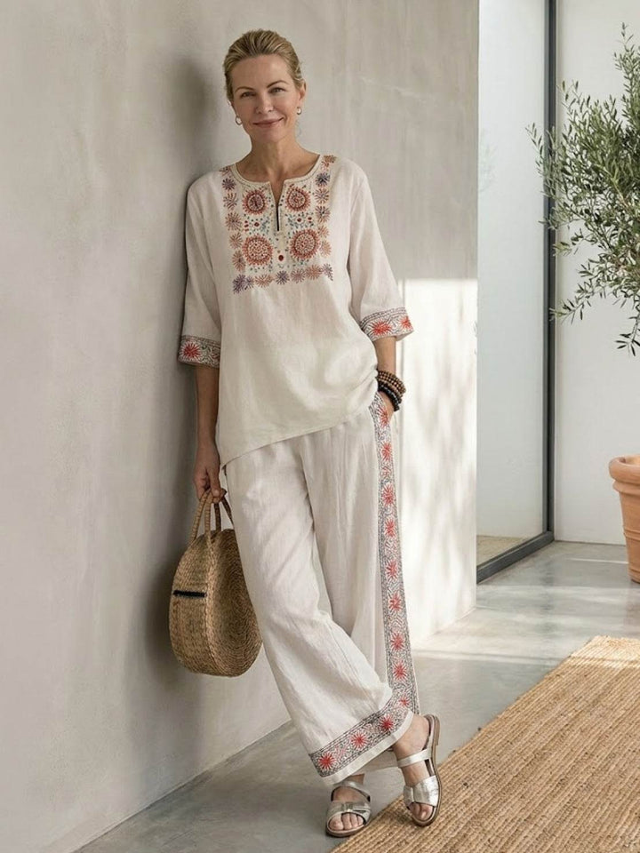 Genevieve | Linen Embroidered Wide-Leg Co-ord Set