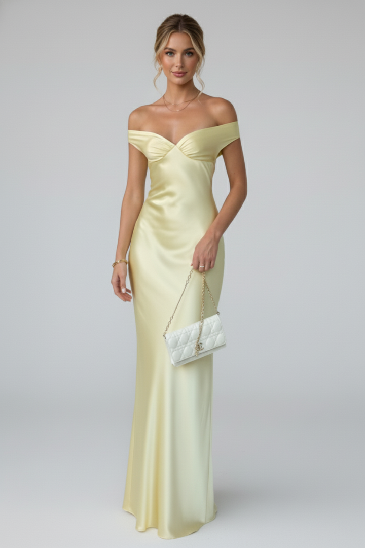 Arabella | Wedding Guest Butter Yellow Satin Off-Shoulder Maxi Dress