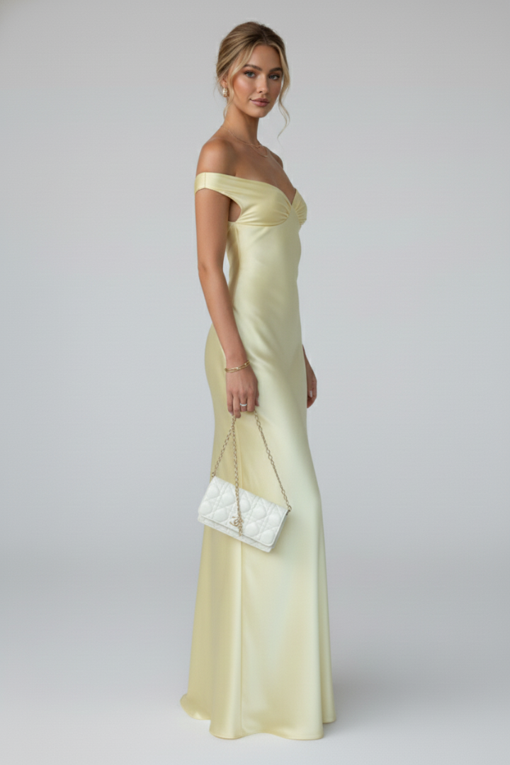Arabella | Wedding Guest Butter Yellow Satin Off-Shoulder Maxi Dress