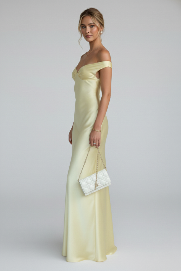Arabella | Wedding Guest Butter Yellow Satin Off-Shoulder Maxi Dress