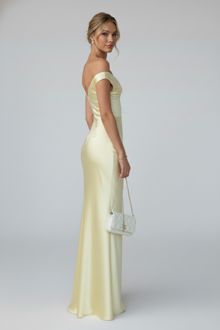 Arabella | Wedding Guest Butter Yellow Satin Off-Shoulder Maxi Dress