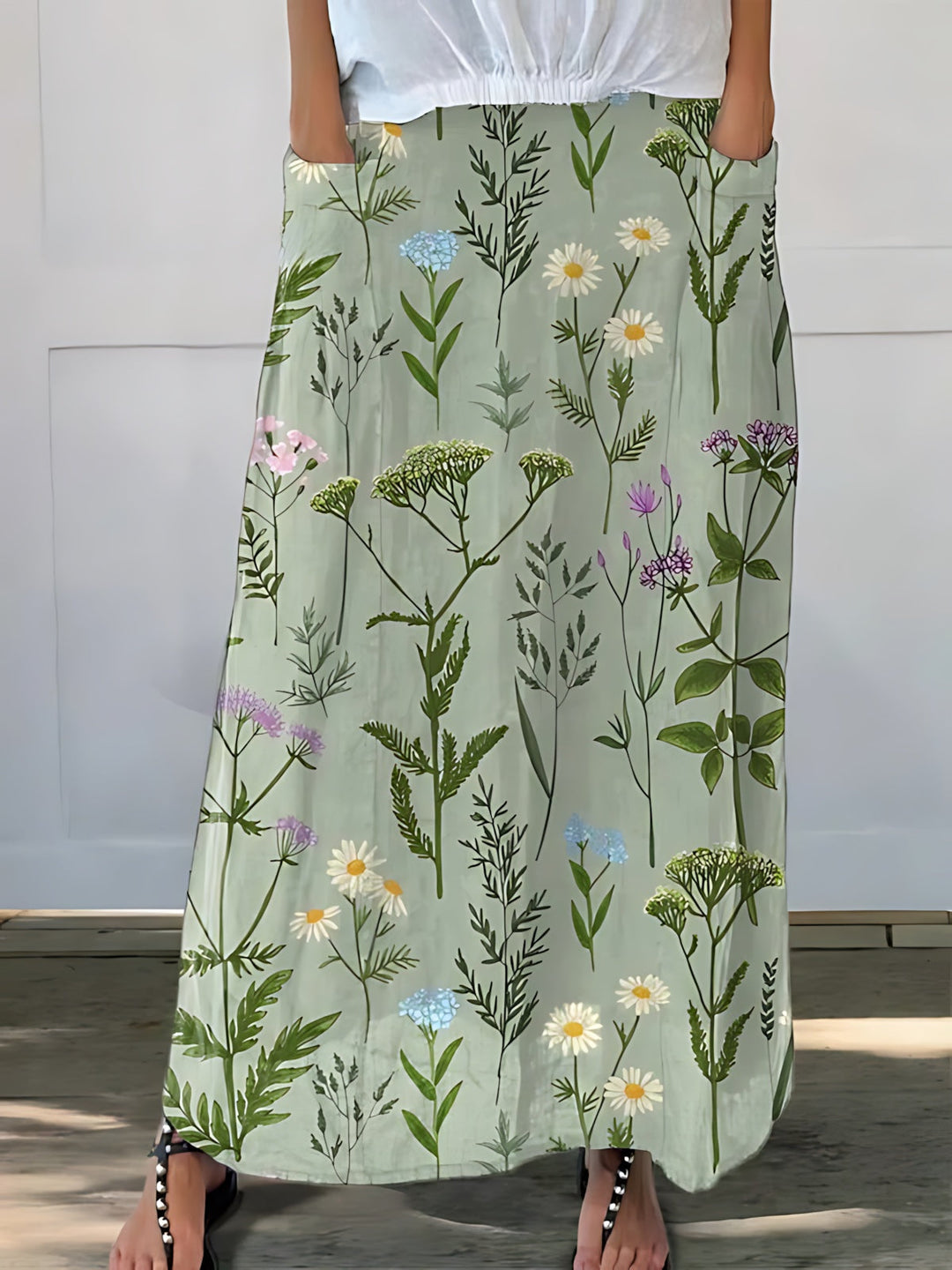Brigitte | High-Waist Sage Green Floral Flowy Midi Skirt