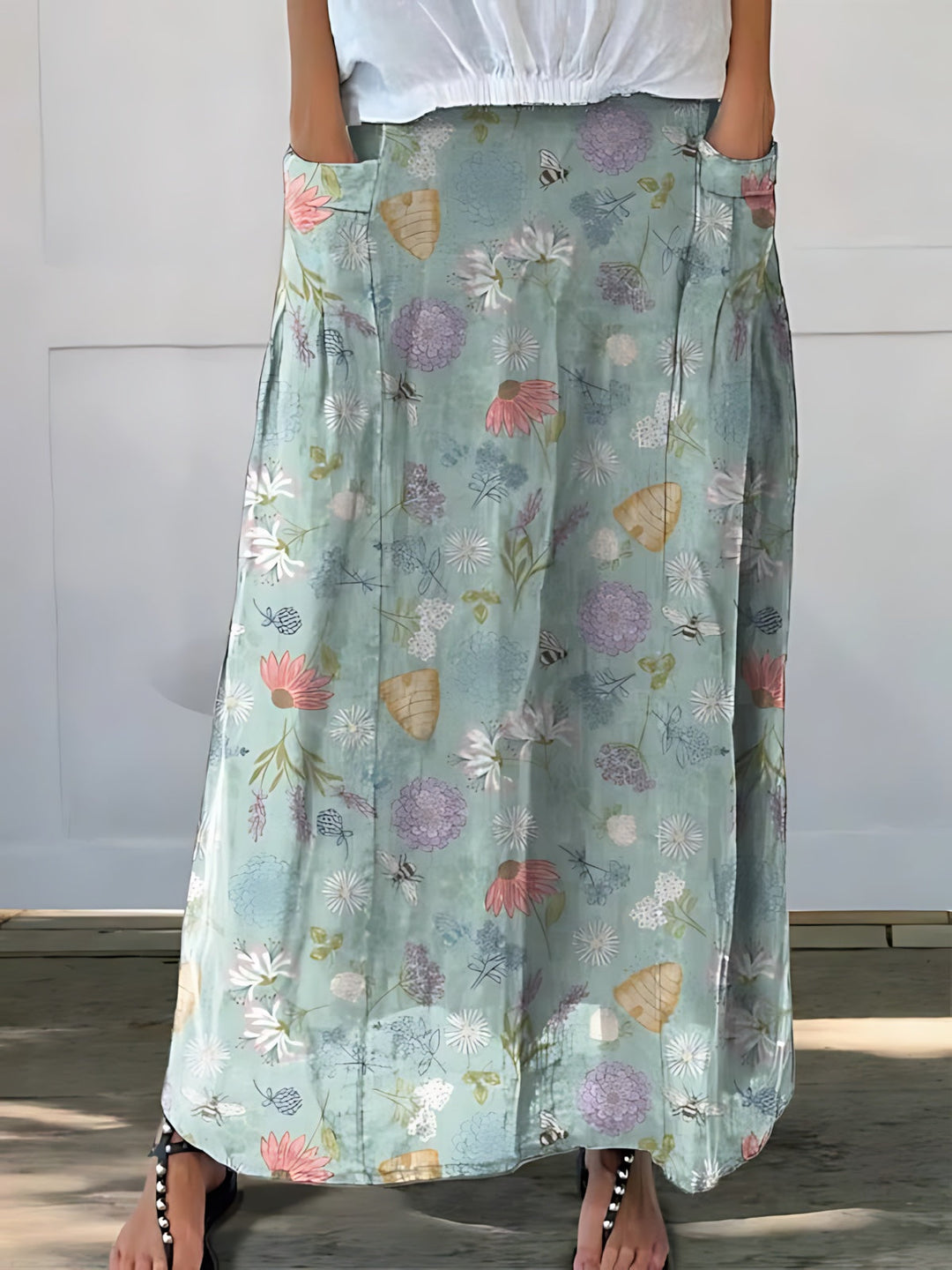 Aurora | High-Waist Floral Print A-Line Midi Skirt